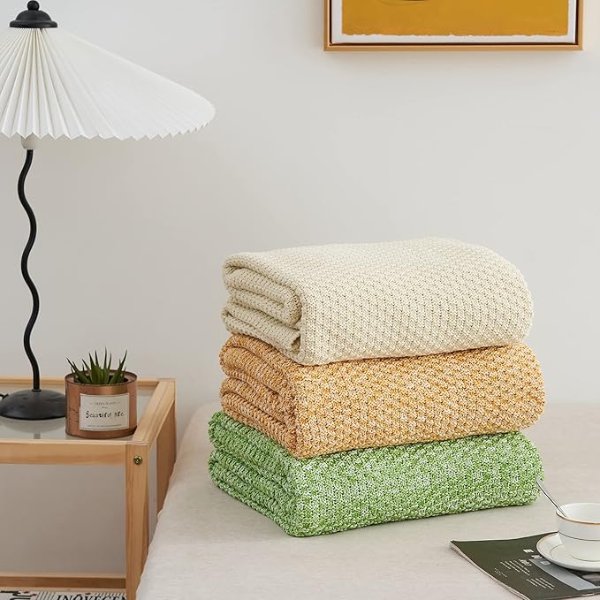 Longhui bedding Cream Knitted Cotton Throw Blanket for Couch, Soft, Cozy Machine Washable 100% Cotton Sofa Cable Knit Blankets, Heavy 4.0lb Weight, 60 x 80 Inches, Beige Color