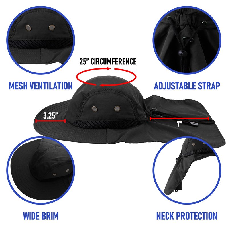 Falari Outdoor Sun Hat, Wide Brim with Neck Flap, Safari Hiking Gardening Fishing Hat - Black