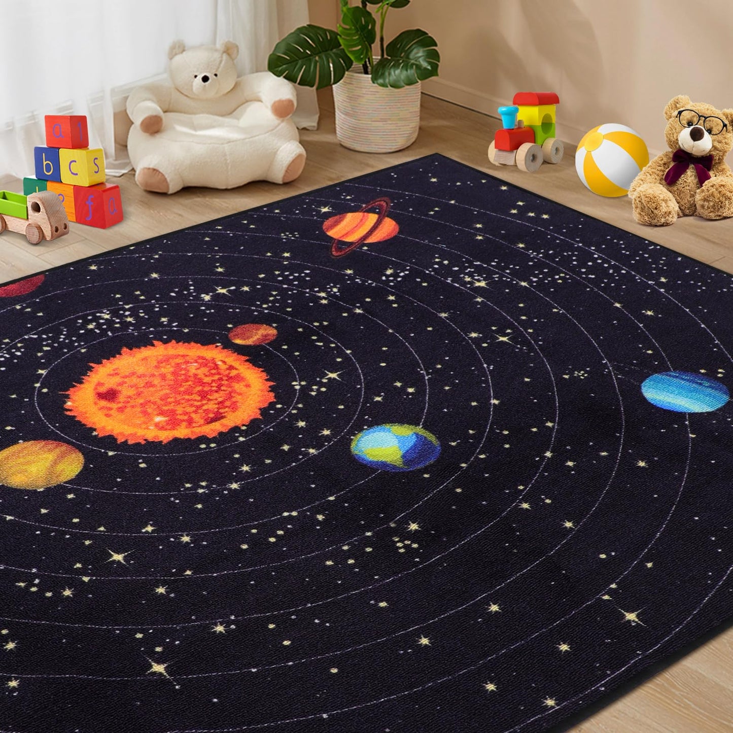PCSWEET HOME Outer Space Kids Rug for Bedroom Educational Rug for Playroom 4' 11" x 6' 7" Washable Kids Play Mat for Living Room Large Area Rug for Living Room