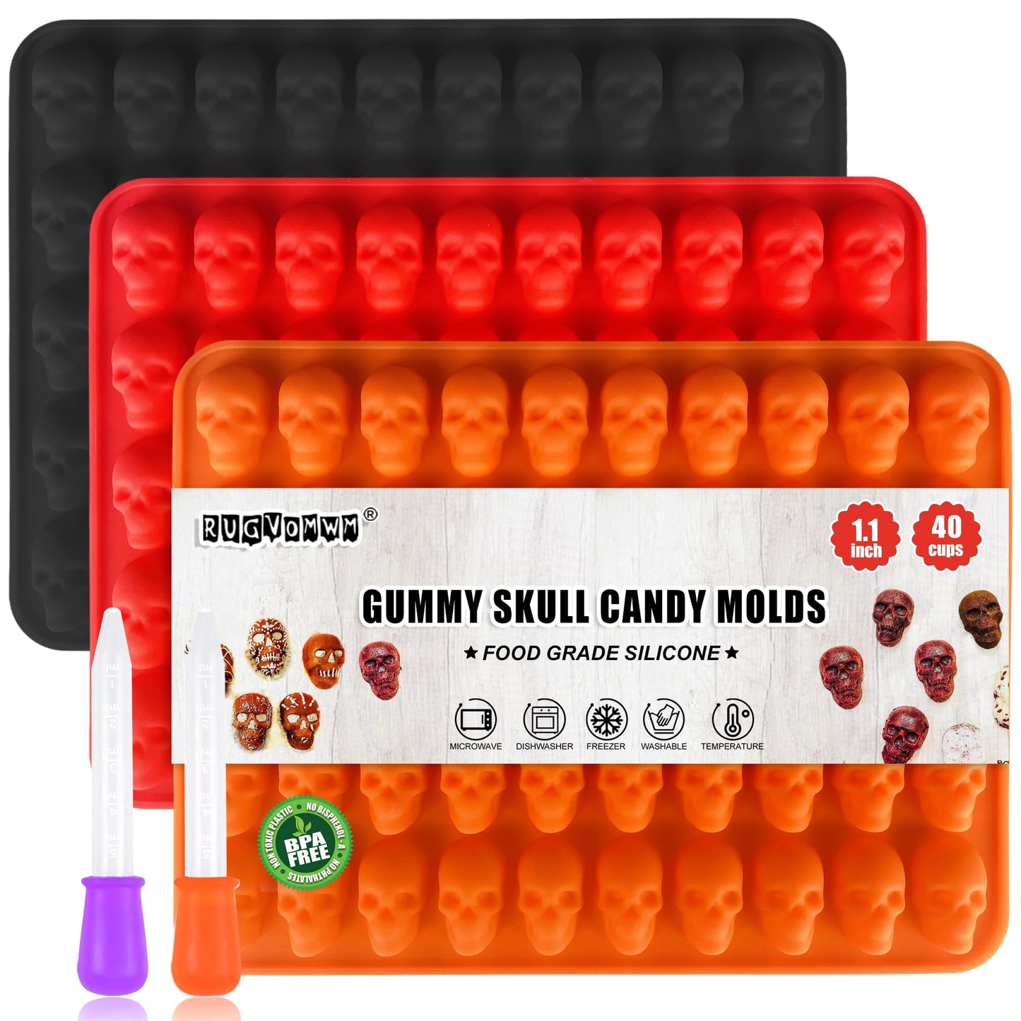 RUGVOMWM 3 Pack Halloween Gummy Skull Candy Molds Silicone,Halloween Mini Skull Mold with 2 Droppers for Chocolate, Candy,Ice Cube - Orange，Red，Black