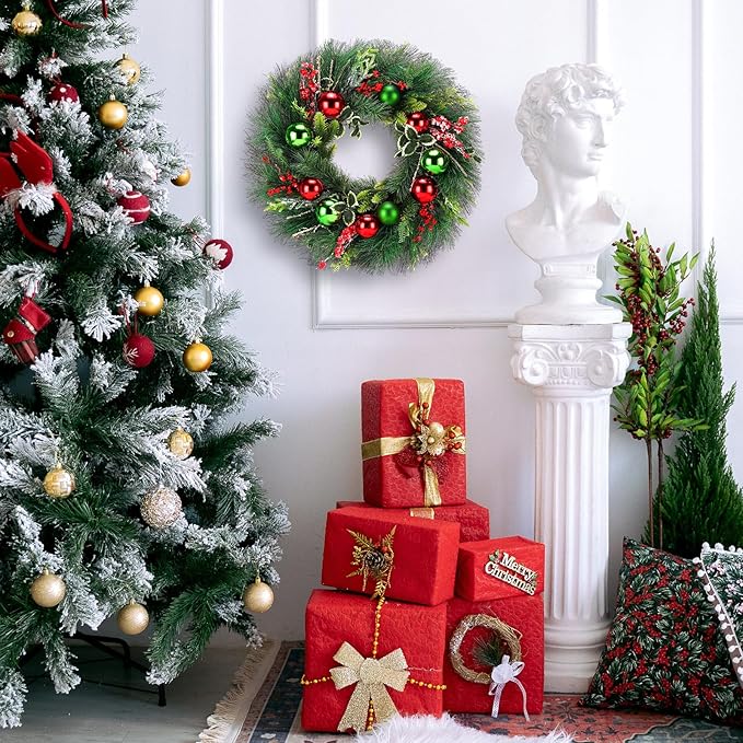 Christmas Wreath, 24inch Christmas Wreaths for Front Door, Artificial Wreaths with Wreath Hanger, Autumn and Winter, Indoors,Outdoors, corridors, Offices. (Green)
