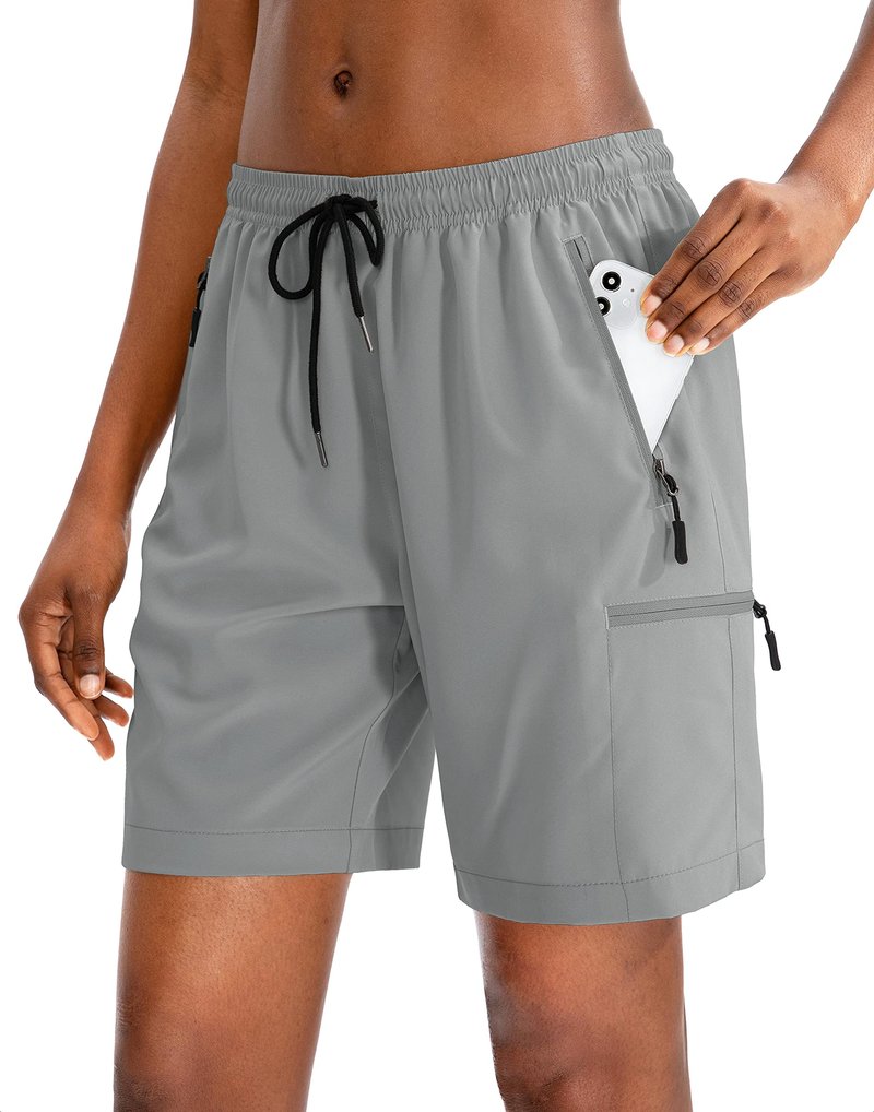 SANTINY Women's 5''/ 7''/9'' Hiking Cargo Shorts Quick Dry Lightweight Summer Shorts for Women Athletic Golf Zipper Pockets(Light Grey_XXL)