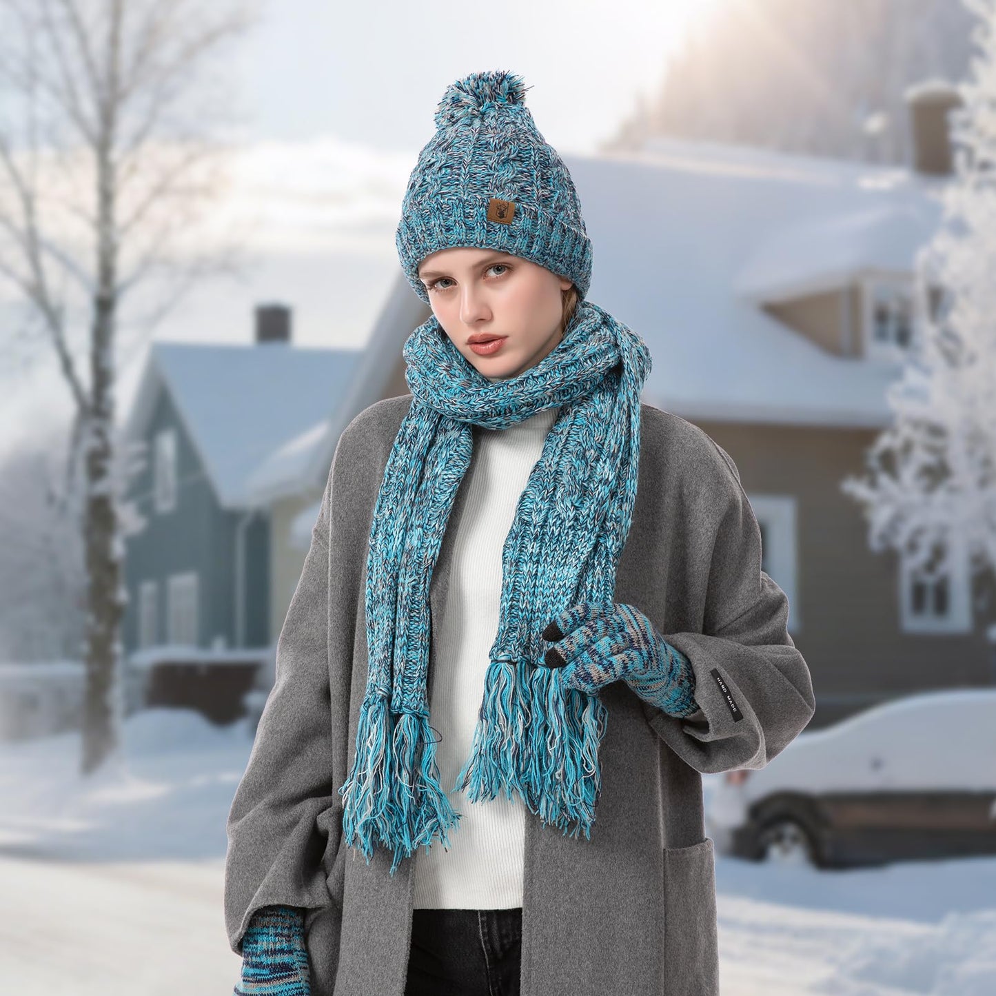 Womens Winter Warm Beanie Hat Touchscreen Gloves Lone Neck Scarf Set with Fleece Lined Pom Skull Cap Gift for Women 3PCS