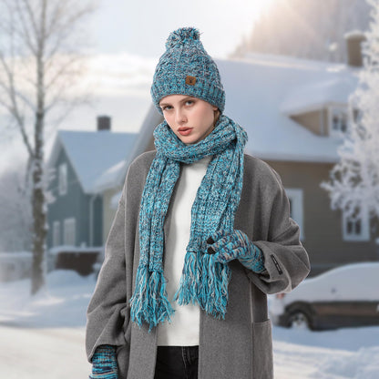 Womens Winter Warm Beanie Hat Touchscreen Gloves Lone Neck Scarf Set with Fleece Lined Pom Skull Cap Gift for Women 3PCS