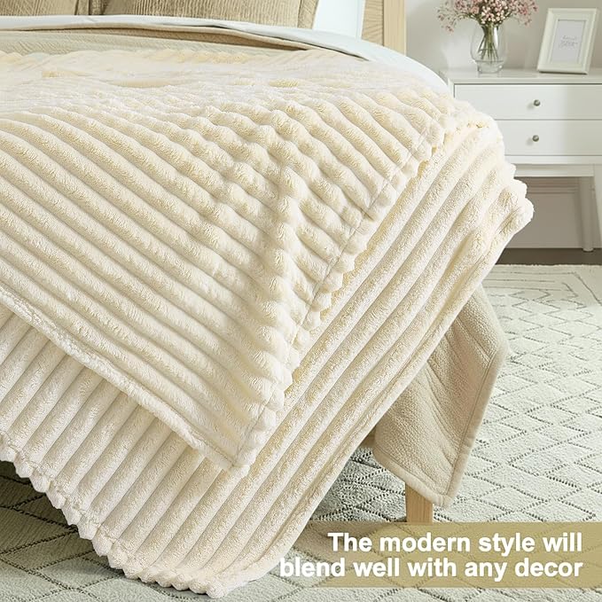 decorUhome Soft Fleece Beige Twin Blanket for Bed, Cozy Fluffy Plush Flannel Striped Throws for Couch Sofa, Lightweight Decorative Ribbed Fuzzy Blanket for Woman, 60x80 Inches