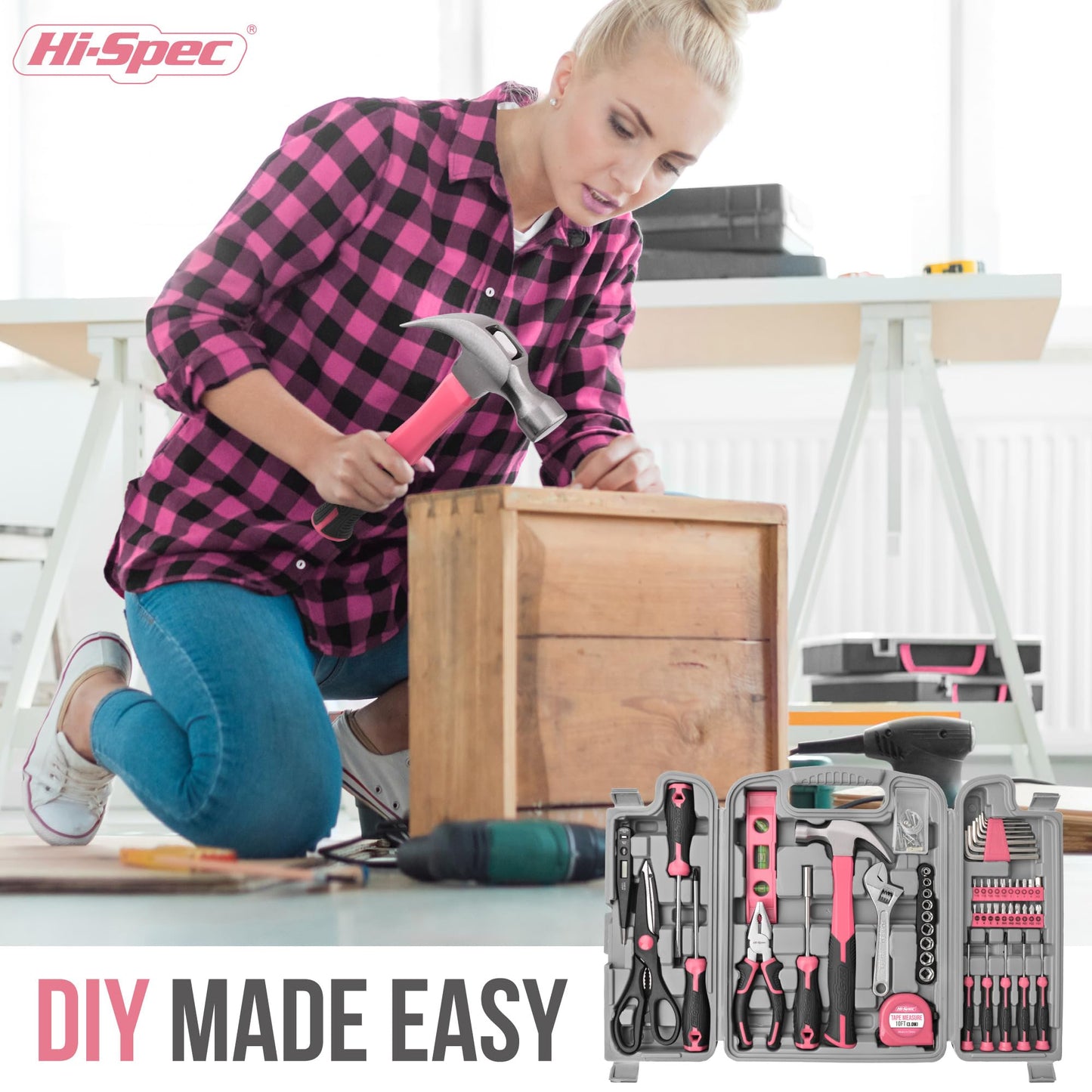 Hi-Spec 56pc Pink Home & Office DIY Tool Kit Set. Complete Household Tool Box with Essential Hand Tools Included for Basic Repairs, Maintenance & Home Improvement Projects