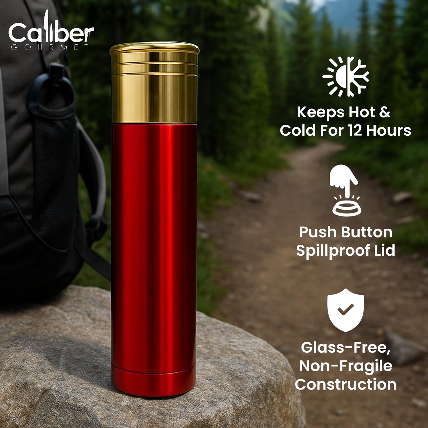Caliber Gourmet 12 Guage Shotgun Shell Thermos Bottle 32 Ounces, Vacuum Insulated Stainless Steel Bullet Thermos – Novelty Hunting Thermos Gift for Christmas – Great for Camping Gear, Bold Red