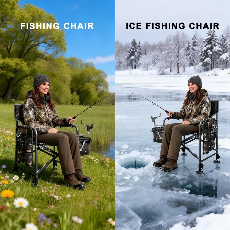 FUNHORUN Fishing Chair with Rod Holder, Folding Heavy Duty Ice Fishing Camping Chair with Liftable Cooler Bag, Cup Holder, Adjustable Legs