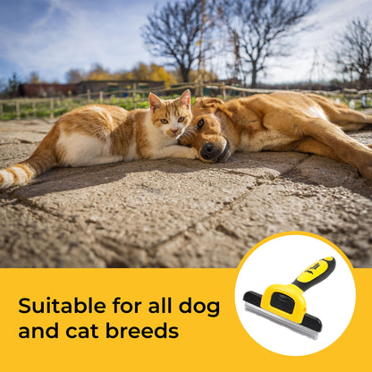 Best Professional Deshedding Tool and Pet Grooming Brush – D-Shedz by Thunderpaws for Small, Medium and Large Breeds of Dogs and Cats with Short or Long Hair Yellow