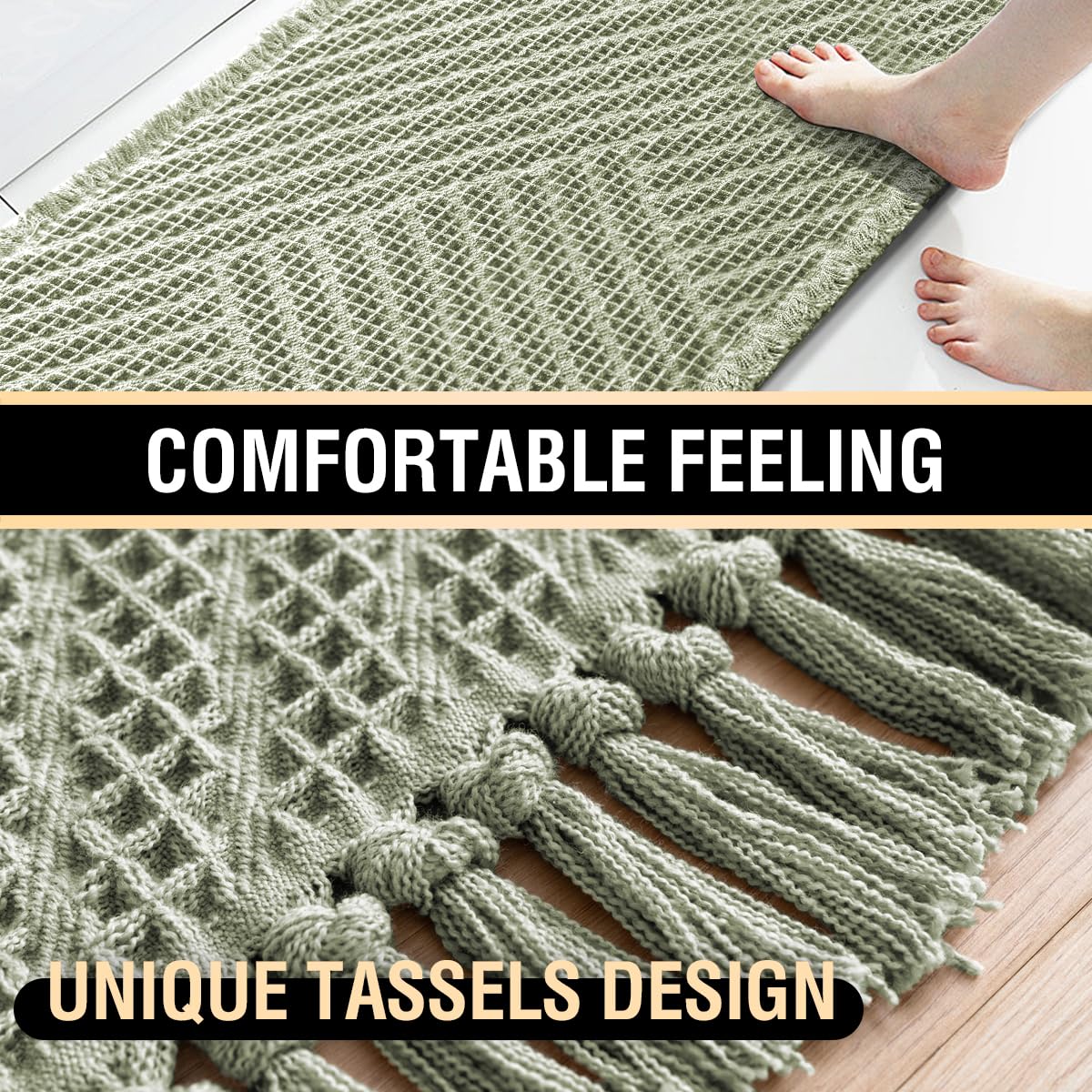 H.VERSAILTEX Waffle Bath Mat Super Absorbent Boho Bath Mat Non Slip Bath Rugs for Bathroom Floor Machine Washable Dry Fast Bathroom Rugs with Tassels (47 x 17 Plus 17 x 24 Inches, Sage)