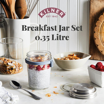 Kilner 0.35 Litre Breakfast Jar Set with Stainless Steel Spoon and Measuring Lid Perfect for Overnight Oats, Yogurt, Smoothie Bowls, Granola, Chia Pudding