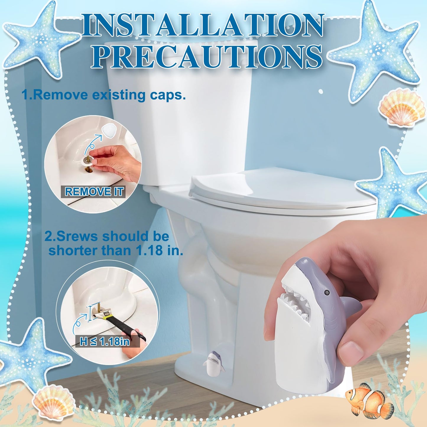 SRCVYLT 4 Pcs Toilet Bolt Covers Decorative, 2 Shark Toilet Bolt Caps with 2 Plastic Caps for Bottom, Cute Toilet Bolt Covers Set for Coastal Home Beach House, Easy to Install
