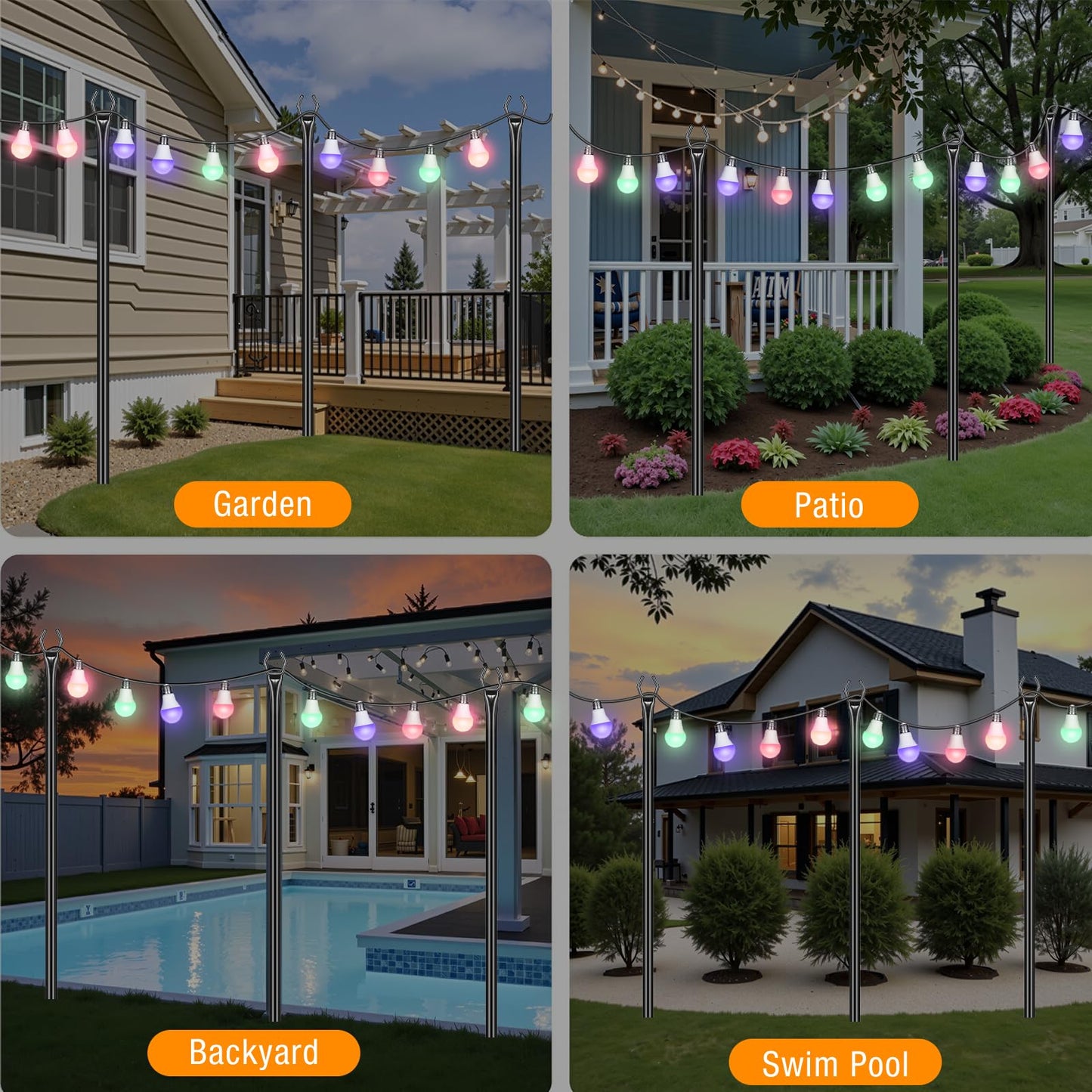 FHNFHN String Light Poles 4 Pack,10FT Metal String Light Poles for Outside, Adjustable Outdoor Poles for Patio, Deck, Garden, Wedding, Backyard, Christmas Party Decor, Sturdy with Hooks