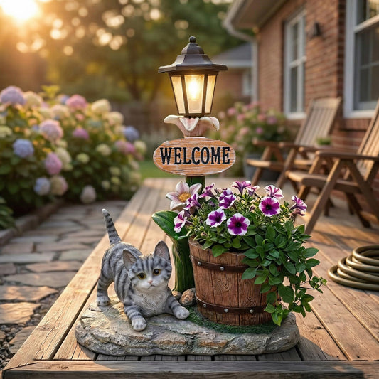 UNOIRNM Gray Tabby Cat Garden Statue - with Solar Lantern and Wooden Pail Planter, 20" Tall Outdoor Resin Welcome Cat Figurine for Patio Decor, 9.2 lbs Large Animal Sculpture, 15.4" Length