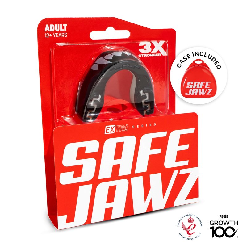 SAFEJAWZ Mouth Guard, Dual Layer Mouthguard for Adults with Case, Easy Fit Remoldable Mouthpiece for Football, Boxing, Lacrosse, MMA, Basketball & All Contact Sports (Adult 12+ Years, Black Fangz)