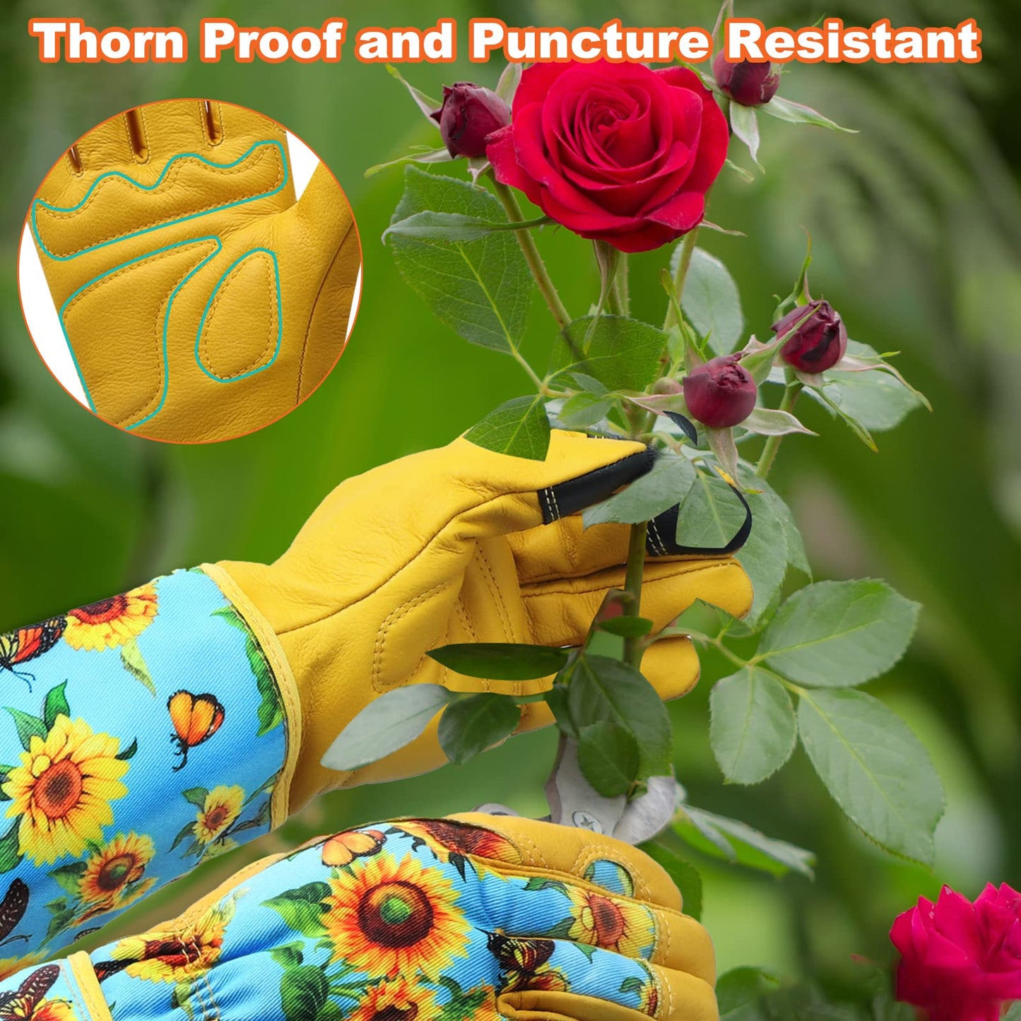 DLY Gardening-Gloves-for-Women, Thorn-Proof Long-Leather Garden Gloves, Rose/Blackberry Pruning Heavy Duty Gardening Work Gauntlet with Forearm Protection - Medium