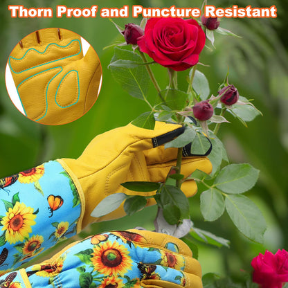 DLY Gardening-Gloves-for-Women, Thorn-Proof Long-Leather Garden Gloves, Rose/Blackberry Pruning Heavy Duty Gardening Work Gauntlet with Forearm Protection - Medium