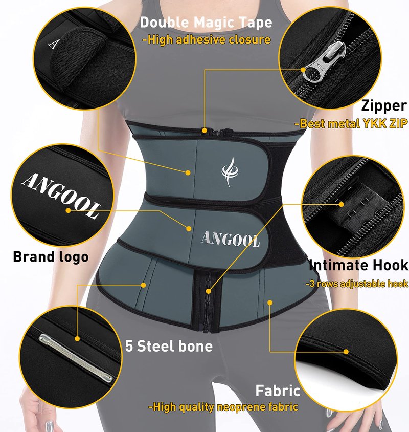 ANGOOL Neopren Waist Trainer For Women,Workout Plus Size Trimmer Belt Sauna Sweat Corset Cincher With Zipper L Gray-Dark