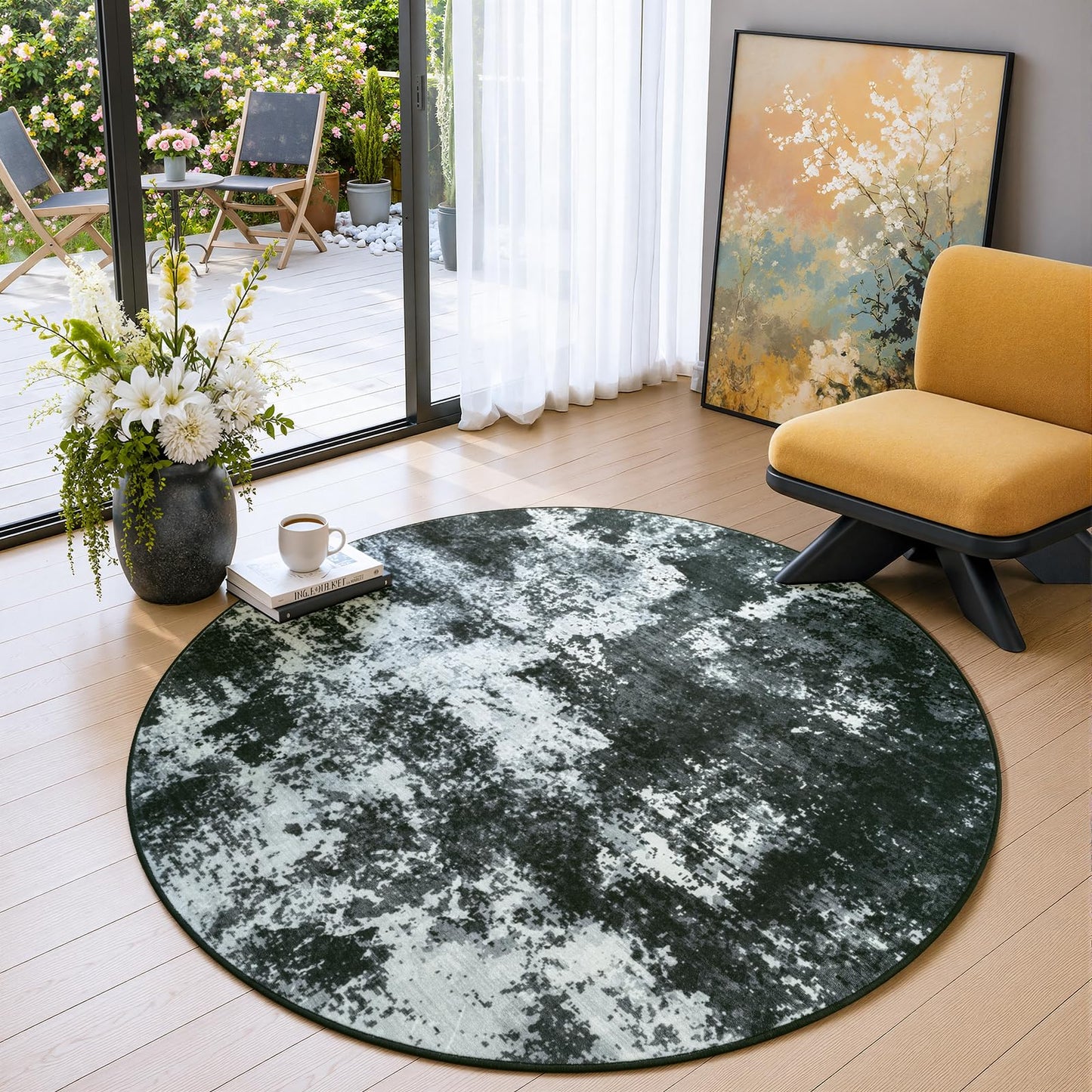 Merelax 4ft Round Black Abstract Area Rug, Washable Non Slip Circle Rug for Entryway, Kitchen, Bedroom, Bathroom, Nursery, Living Room, Thin Soft Circular Rugs Indoor Décor, Low Pile Carpet