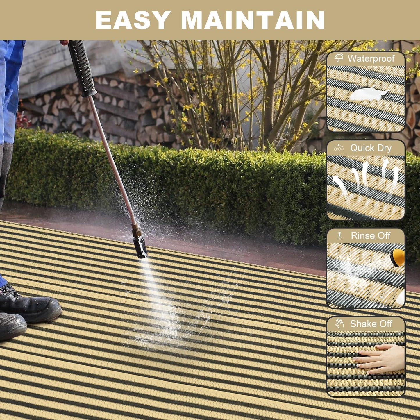 LEEVAN Waterproof Outdoor Rug 6x9 Patio Rug Clearance Black and Tan Plastic Straw Area Rug for Backyard Striped Camping Outside Mat for Picnic, RV, Deck, Bench, Balcony