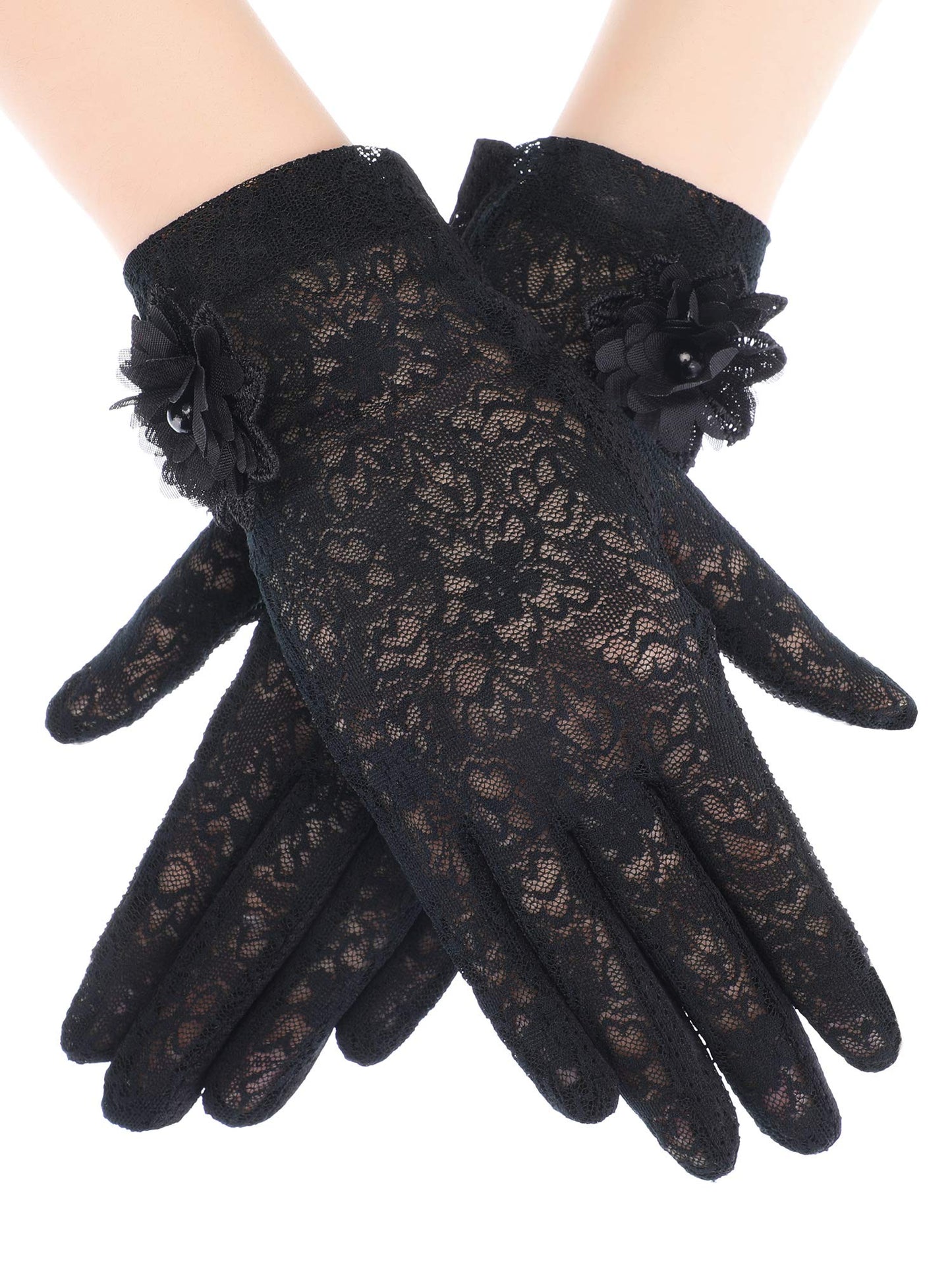 SATINIOR Lace Gloves Women Short Fingerless Floral Gloves for Tea Party Wedding Halloween(Floral,Black)