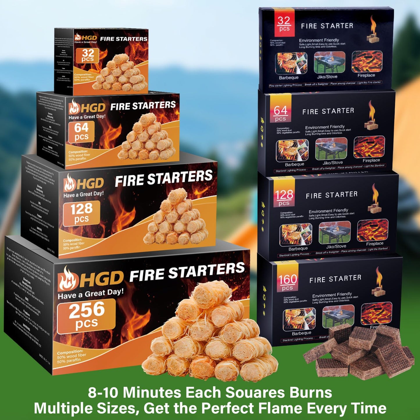 HGD Fire Starter, 64 Mini Square, Natural Fire Starters for BBQ, Campfire, Fireplace, Charcoal, Wood Stove, Chimney, Fire Pit, Grill, Smoker, Indoor Outdoor Use