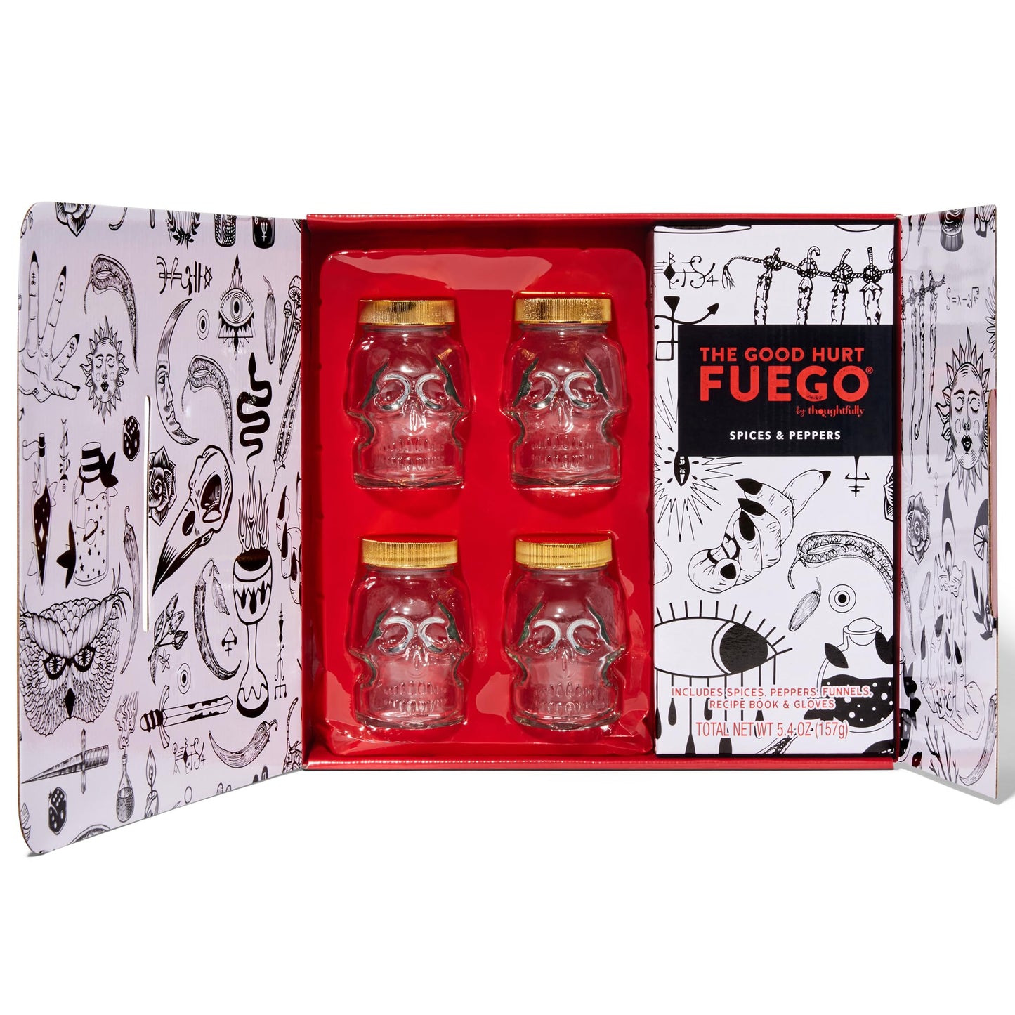 The Good Hurt Fuego by Thoughtfully, DIY Hot Sauce Set, Includes 4 Skull Shaped Reusable Glass Jars, 2 Funnels, Seasonings, Gloves and Recipe Book to Make Your Own Hot Sauce