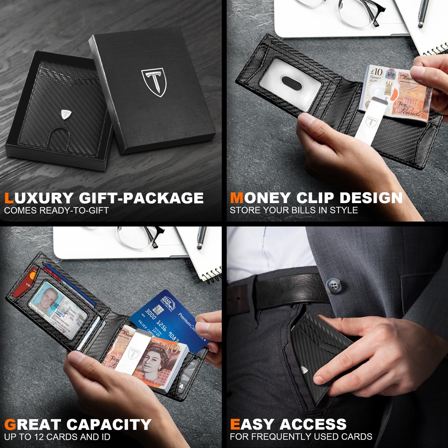 TEEHON Mens Wallets Slim RFID Blocking Carbon Fiber Leather Wallet with up to 12 Credit Card Holder, Strong Money Clip & ID Window Minimalist Bi-Fold Wallets for Men UK with Gift Box - Black