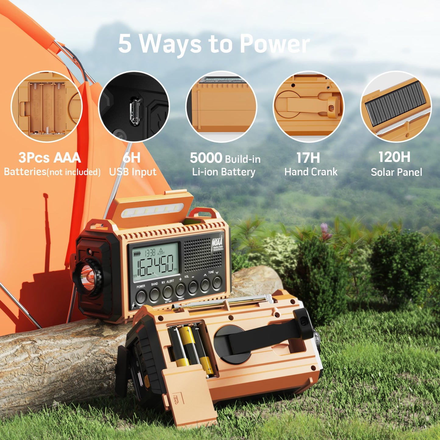 5000 Emergency Weather Radio with AM/FM/NOAA/SW, 5 Ways Powered Solar Hand Crank Alert Radio with LCD Display&SOS, Portable Radio with Cellphone Charger, Flashlight, Reading Lamp, Headphone Jack