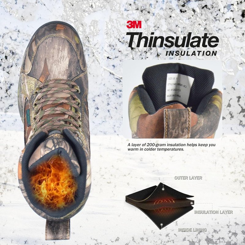 Men's Waterproof Hunting Boots - 8" Camo Insulated Hiking Boots with 200g Thinsulate