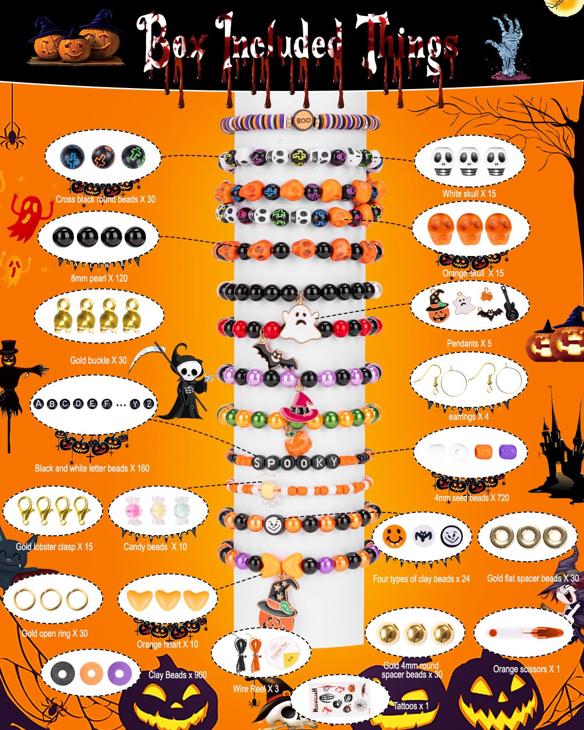 Goldwise Halloween Friendship Bracelet Kit for Kids,1 Box Halloween Beads and Black Letter (A-Z) for Jewelry Making, Varieties of Charms Jewelry Making，DIY Crafts for Gifts Party