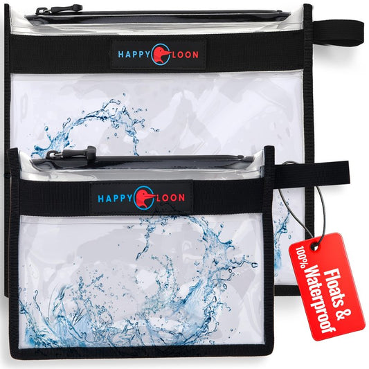 Happy Loon Elite Waterproof Fishing Tackle Bag Set - 2 Sizes, 100% Submersible Dry Bags, Floats with Lure & bait- Scuba-Grade Zipper, PVC-Free, Tethering Loop - Premium Fishing accessory pouch