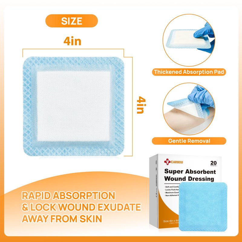 Carbou 4"x 4" Super Absorbent Wound Dressing Pads, 20 Individual Pack, Non Adhesive Absorbent Bandages for Wound Care, Soft Highly Absorbent Dressing, Non Stick Gauze Pads for Wounds