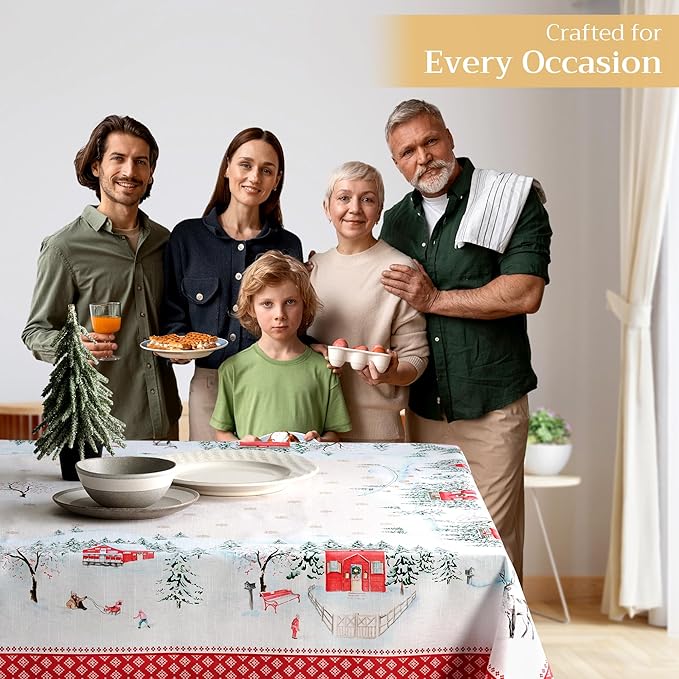 Maison d' Hermine Table Cloth Rectangle Table 100% Cotton 60 x 90 Inches Fall Tablecloth Reusable Everyday Use for Thanksgiving Christmas Decorations Dining Farmhouse Party (Rural Christmas)
