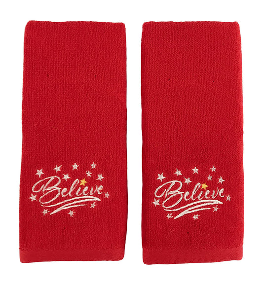 Decorative Christmas Theme Red Towel Set: Luxury Bathroom Fingertip Towels, Embroidered Believe Set of 2