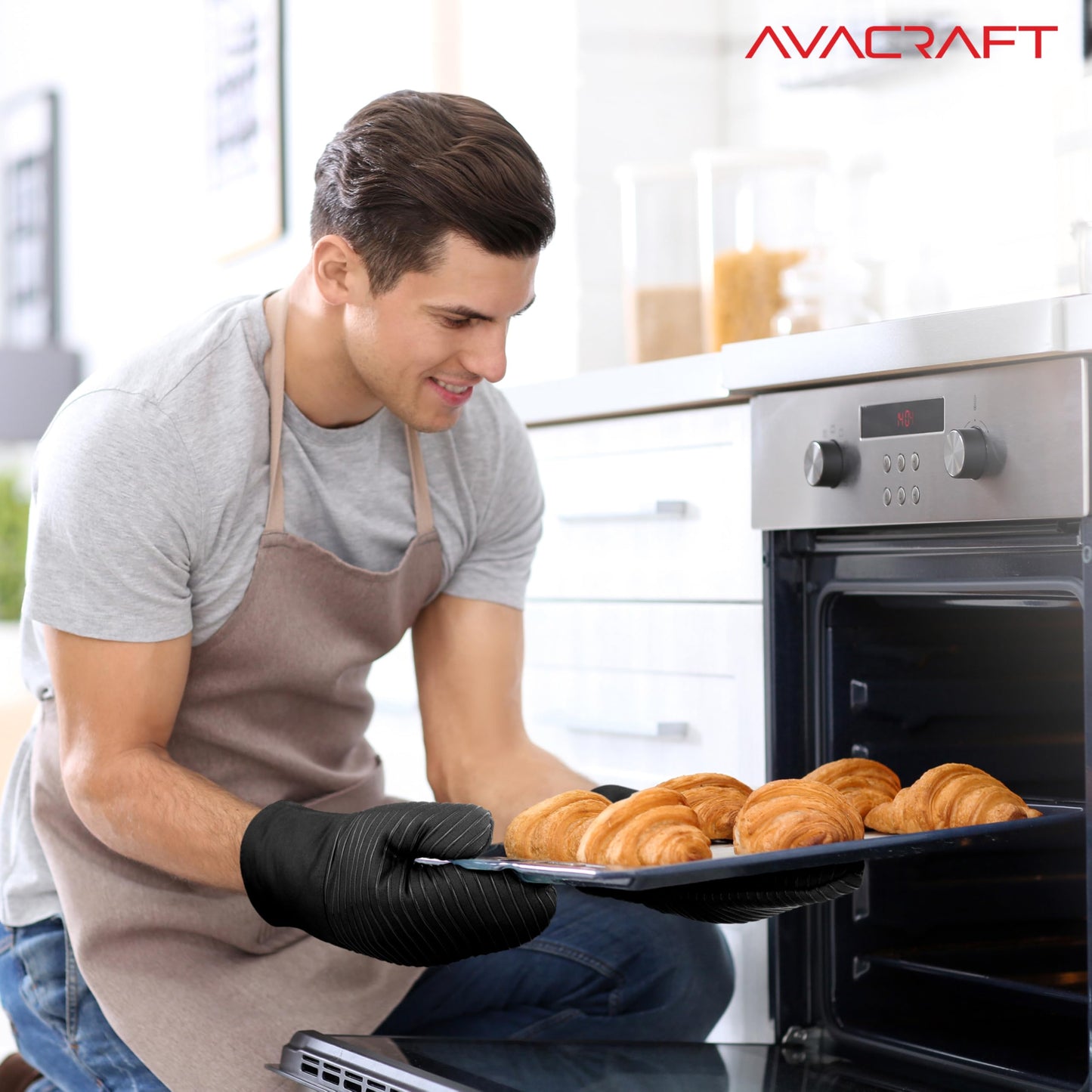 AVACRAFT Oven Mitts Pair, Black - Flexible, 100% Cotton with Unique Heat Resistant Food Grade Silicone, Thick Terry Cloth Interior, 500 F Heat Resistant