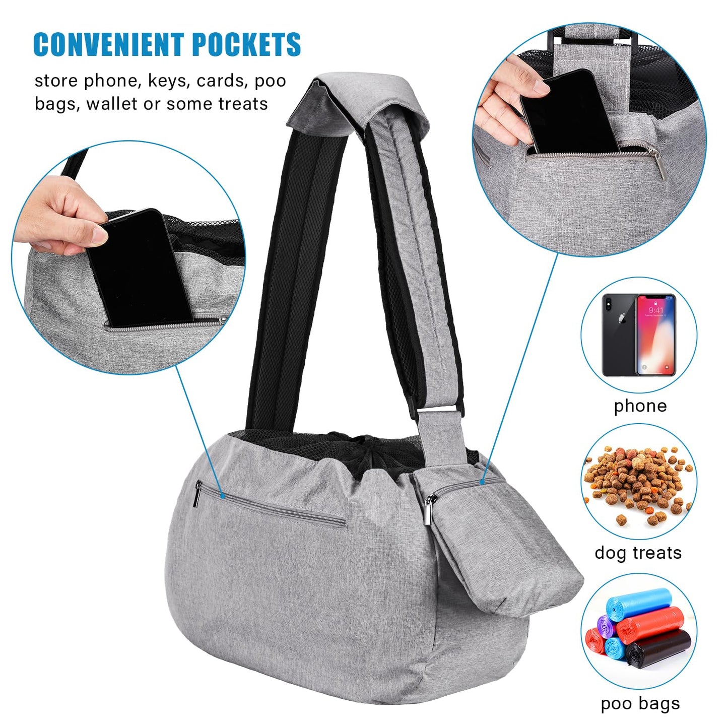Ownpets Pet Sling Carrier, Fits 6.5 to 9kg Medium Dog/Cat Sling Carrier Reversible and Hands-Free Dog Bag with Adjustable Strap and Pocket Shoulder Pad for Outdoor Travel Hiking
