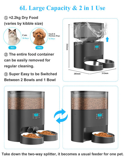HoneyGuaridan 6L Automatic Cat Feeder for 2 Cats, 2.4G WiFi Enabled Smart Feed Automatic Pet Feeder for Cats & Dogs, Timed Pet Food Dispenser with Stainless Steel Bowl APP Control, 10s Voice Recorder