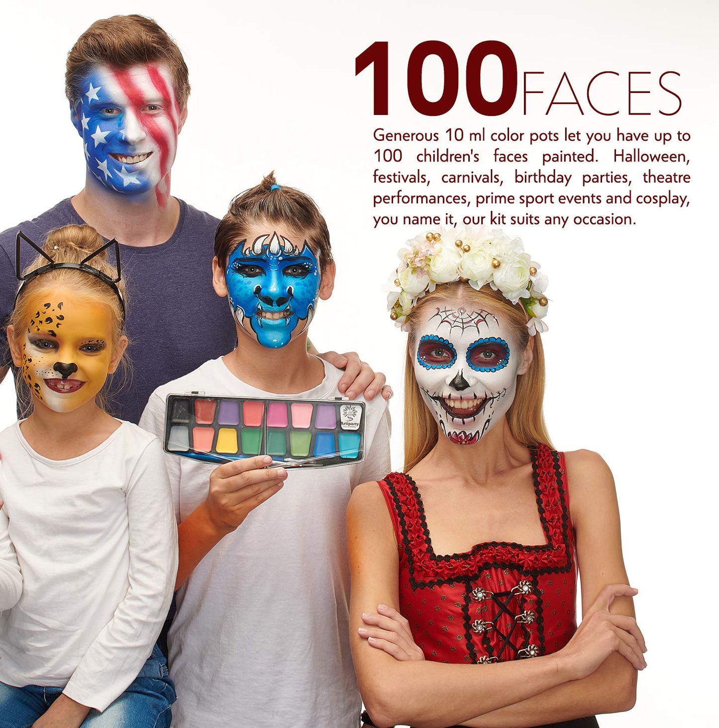 Face Paint Kit – Easy to Apply & Remove – Dermatologically Tested – Water Activated – Non-Toxic & Hypoallergenic – Professional Face Painting Kit for Kids & Adults