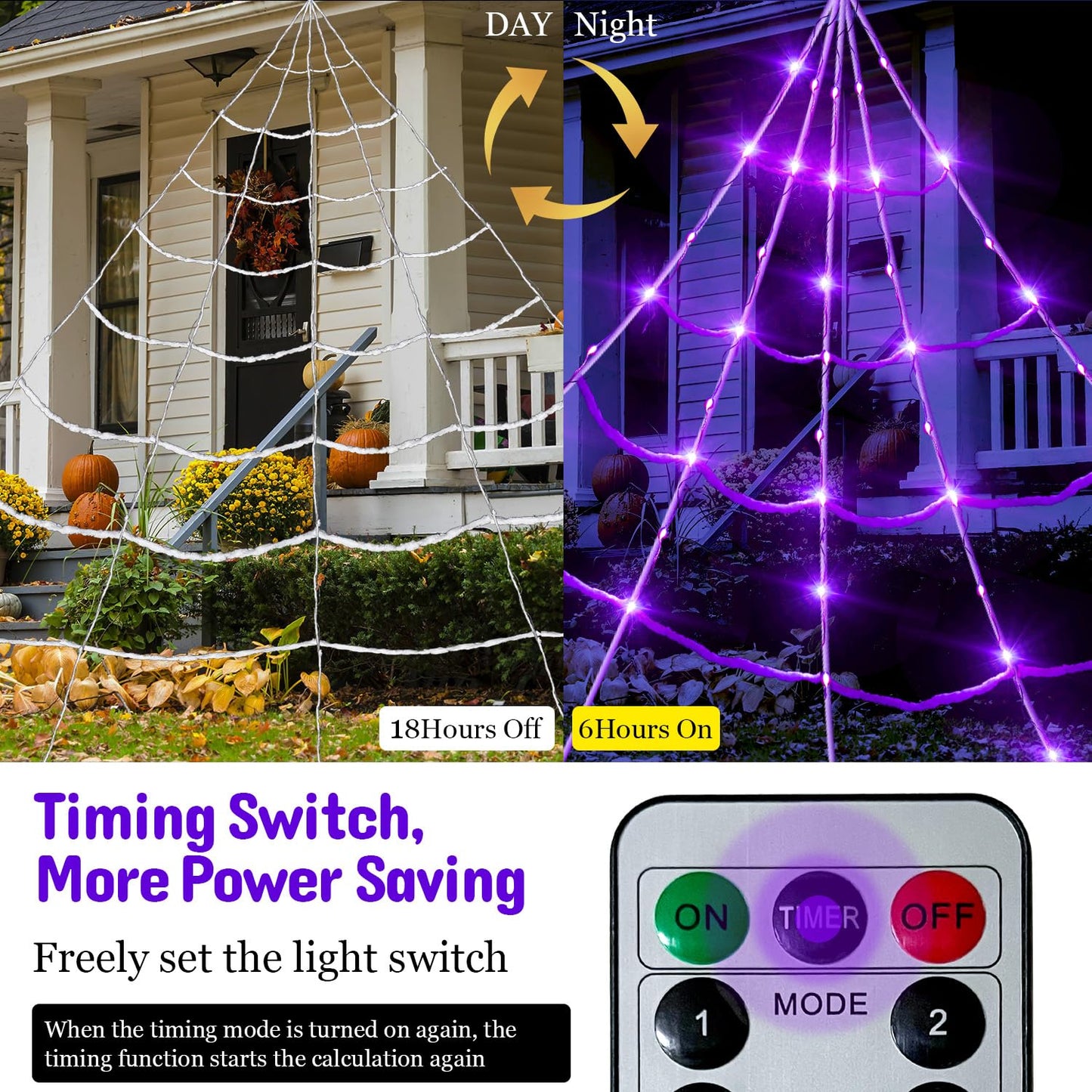20*17FT Halloween Spider Web 150 Led Purple Lights Light Up Lighted Triangular Giant Battery Operated Waterproof with 200sqft Cobweb and 20 Small Spiders for Indoor and Outdoor Decor Yard Decoration