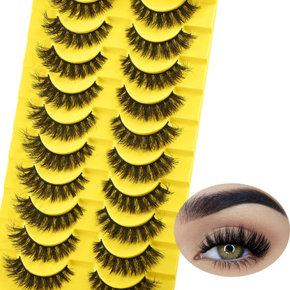 QUNETY False Eyelashes Short Lashes Full Mink Lash Strips 10 Pairs Fluffy Cat Eye Strip Eyelash Wispy Volume Lashes Pack Fake Cateye EyeLash Natural Look