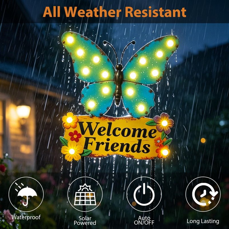 Decorative Garden Stakes Large 45" with 18 Bulbs Solar String Lights Outdoor Waterproof, Butterfly Solar Lights for Outside with Welcome Friends Garden Sign for Yard, Patio, Pathway
