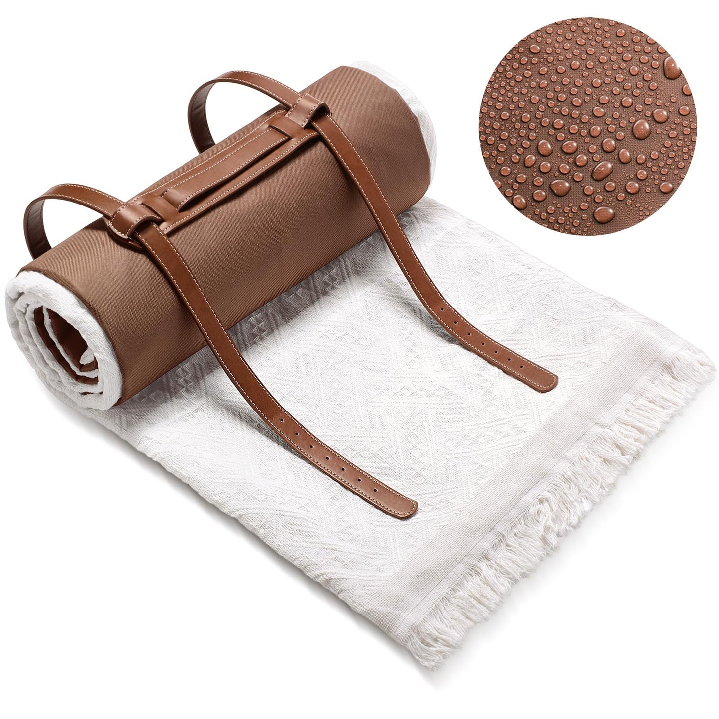 VitalCozy Waterproof Picnic Blankets 71×71 inch Outdoor Blanket Foldable 2 in 1 Double Layer Sandproof Beach Mat with Carry Strap for Camping Lawn Park Beach Grass(White)