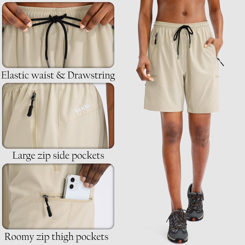 SANTINY Women's 5''/ 7''/9'' Hiking Cargo Shorts Quick Dry Lightweight Summer Shorts for Women Athletic Golf Zipper Pockets(Khaki_XXL)