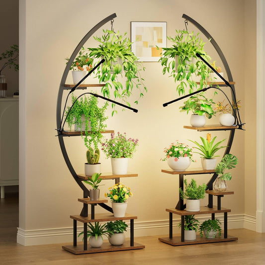 GREENSTELL Plant Stand Indoor with Grow Light, 7-Tiered Tall Metal Plant Stand for Indoor Plants, Half-Moon Shape Display Shelf for Living Room, Balcony, Patio, Brown (2 Pack)