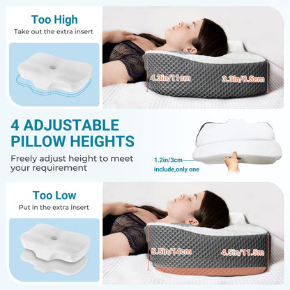 Elviros Cervical Memory Foam Neck Pillow for Side Sleeping, Orthopedic Pillows for Back and Stomach Sleepers, Adjustable Ergonomic Bed Pillow Pain Relief (Dark Grey)