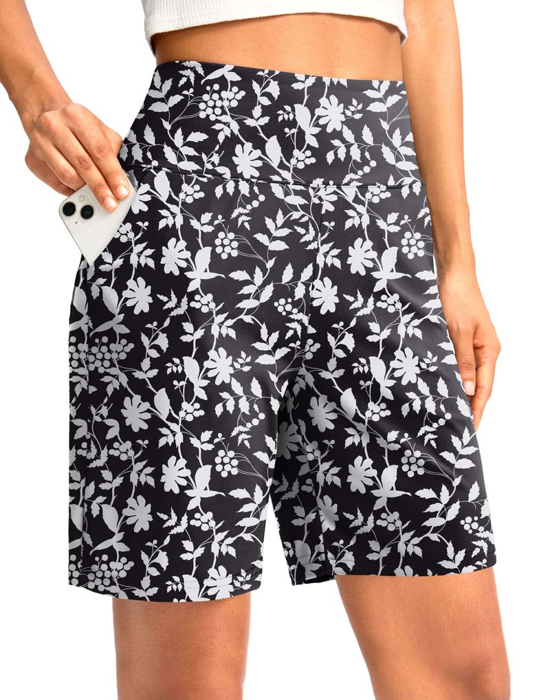 G Gradual Women's Bermuda Long Shorts with Pockets 7" High Waisted Knee Length Shorts for Women Walking Athletic Workout(White Flower-L7,XXL)