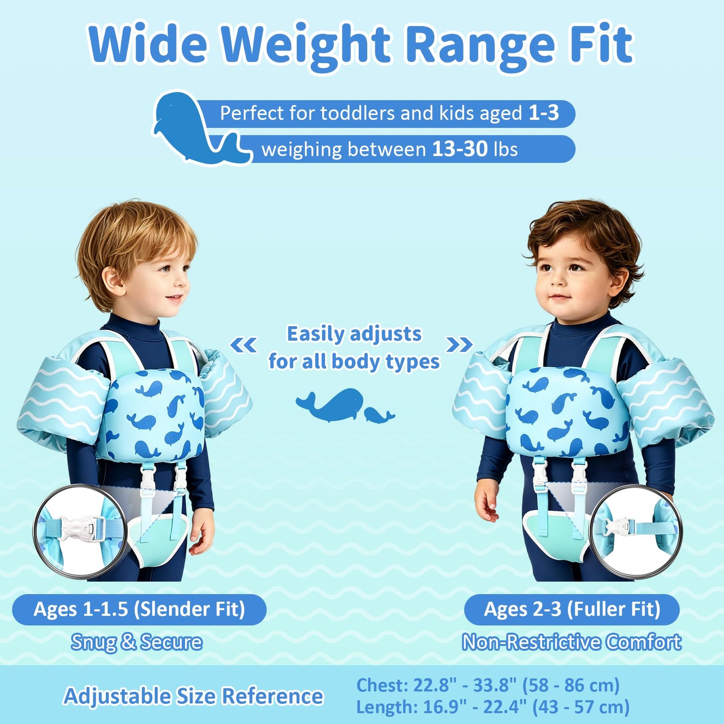 Vvinca Toddler Swim Vest for Kids 13-30 lbs, Toddlers Pool Floaties Jacket for Boys Girls Puddle Kid Jumper Adjustable Crotch Sleeves Shoulder for Ages 1-3 Baby Infant Learn to Swimming, Whale Waves