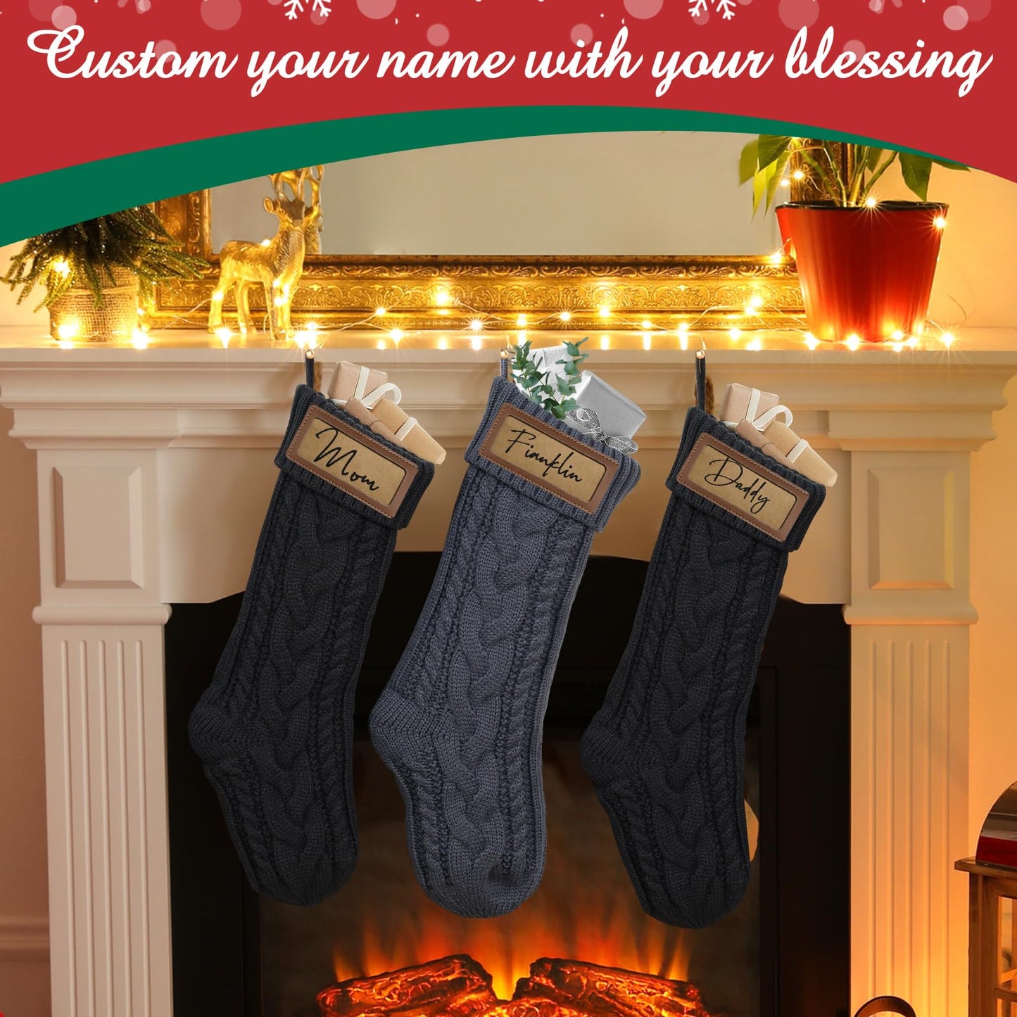 steo spce 4 Pack Personalized Christmas Stocking with Leather Patches Custom Name Family Christmas Stockings, 18.5” Large Knitted Xmas Stockings for Kids, Holiday and Fireplace Party Decoration