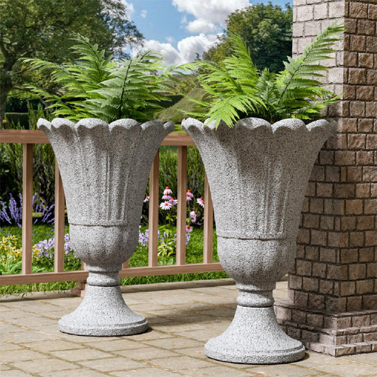 Trygoal 23.6" Tall Plastic Urn Planters for Outdoor Plants, Set of 2 Heavy-Duty Classic Indoor Large Flower Pots with Drainage Holes & Petal Design, Outdoor Planters for Porch, Home Garden, Grey